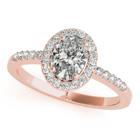 Oval halo engagement ring in 14K Rose Gold with 1CT lab diamond, 28 pavé diamonds, and filigree gallery