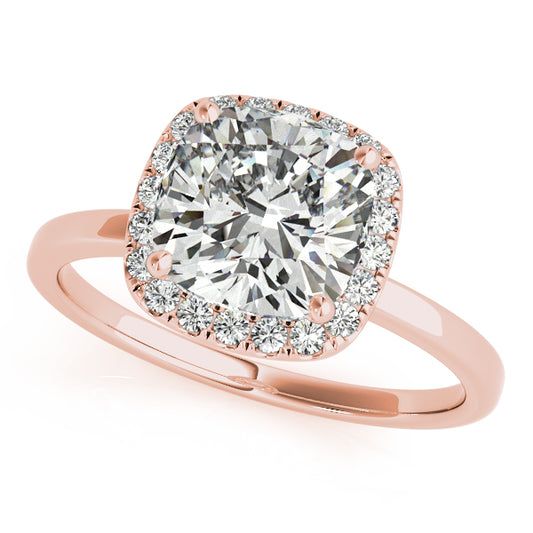 Cushion-cut engagement ring in 14K Rose and White Gold with 1CT lab diamond and halo setting, VS1/F color