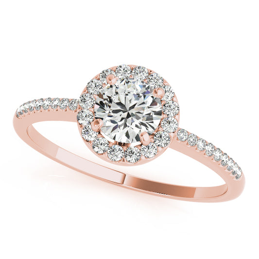 Round engagement ring in 14K Rose Gold with 1CT lab diamond, marquise accents, and vintage scroll band