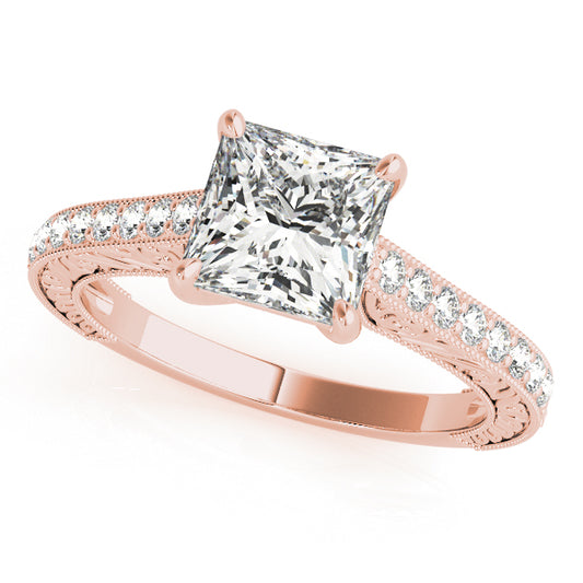 Princess-cut engagement ring in 14K Rose Gold with 1CT lab diamond, trellis shank, and scrollwork, VS1/F color