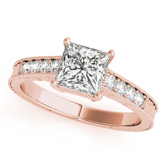 Halo engagement ring in 14K Rose Gold with 1CT princess-cut lab diamond and channel-set side stones