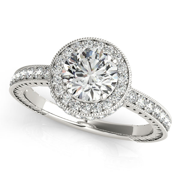 Vintage round engagement ring with 1CT Lab Diamond, halo, milgrain, and 55 accent stones in 14K White Gold (VS1/F Color)