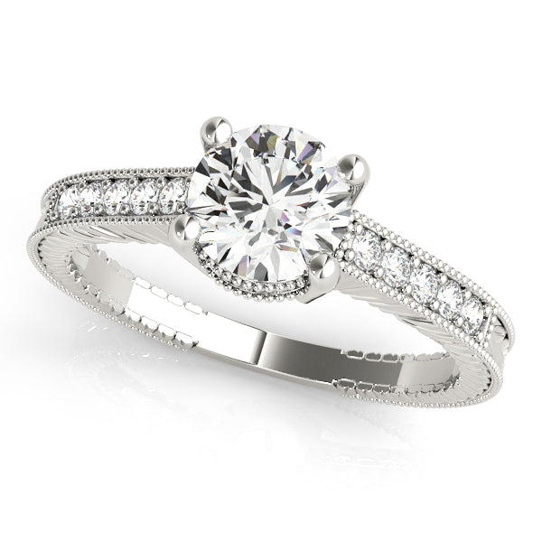 White gold engagement ring with 1CT Round Lab Diamond, 10 side diamonds and vintage milgrain band crafted in 14K White Gold
