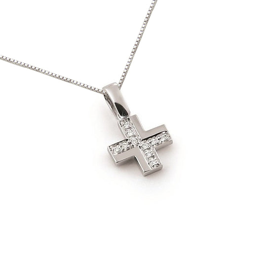 Small 18K white gold diamond cross necklace with a 15mm petite pendant, featuring natural SI1 diamonds in a pavé setting on a 16-inch chain