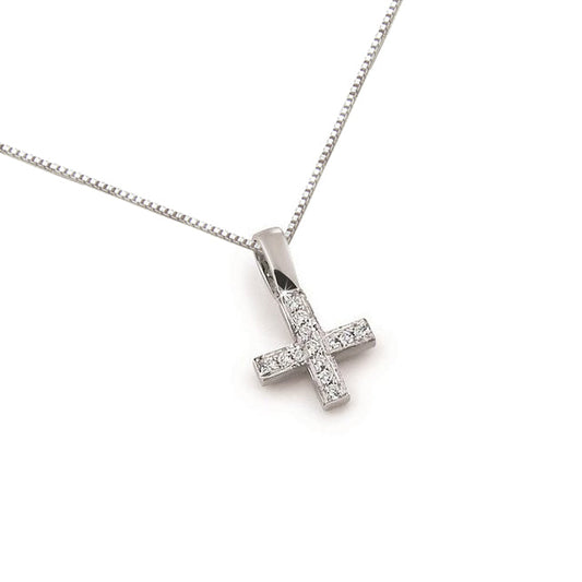 Small diamond cross necklace in 18K white gold with round natural diamonds, minimalist rectangular shape, Encore DT exclusive