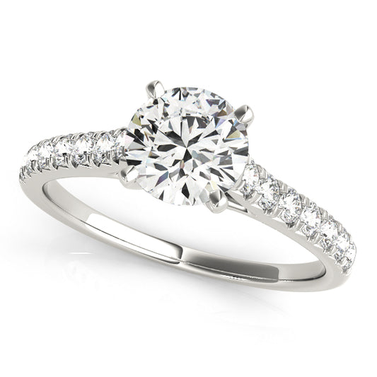 Cathedral engagement ring featuring 1CT Round Lab Diamond (VS1/F Color) with 14 pavé side stones crafted in 14K White Gold