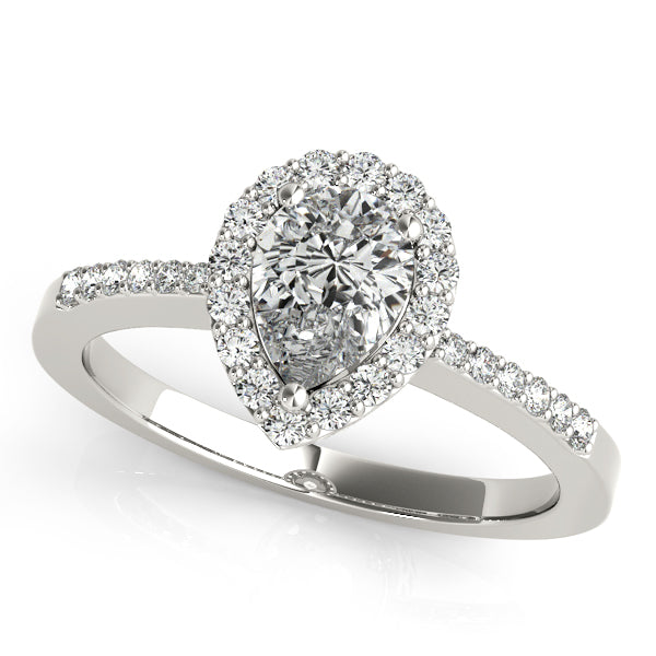 Pear-cut engagement ring featuring 1CT Pear Cut Lab Diamond, halo, tapered band and open gallery crafted in 14K White Gold