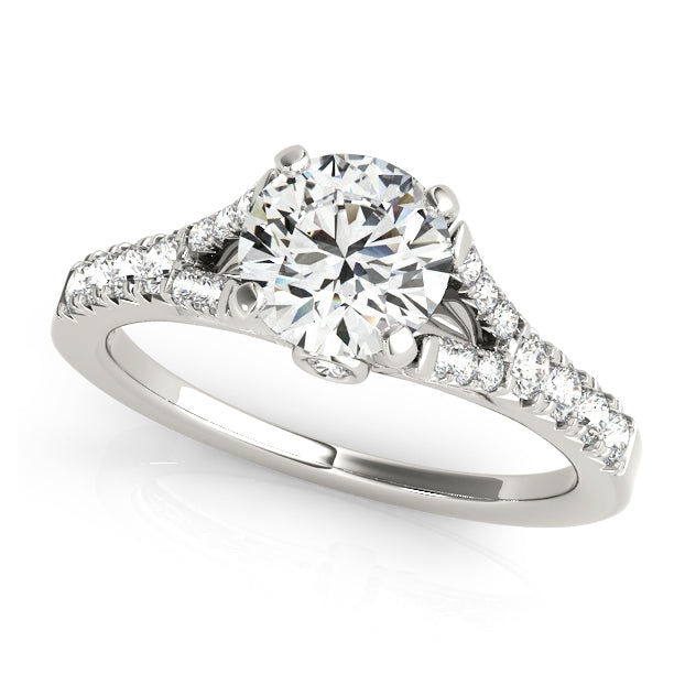 Split shank engagement ring with 1CT Round Lab Diamond and 22 side diamonds in prong setting crafted in 14K White Gold