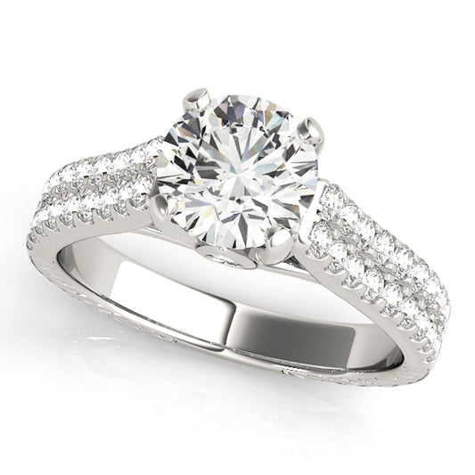 Two-tone engagement ring with 1CT Round Lab Diamond, rose gold accents, and pavé 14K White and Rose Gold split band