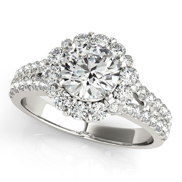 Round engagement ring with 1CT Round Lab Diamond, flower halo, 58 pavé diamonds and split shank in 14K White Gold