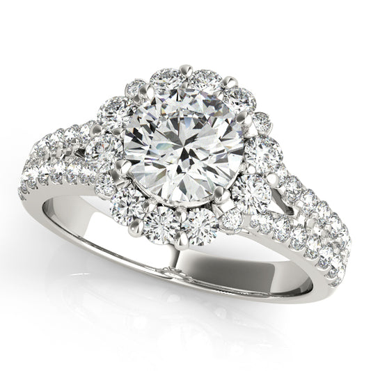 Round engagement ring with 1CT Round Lab Diamond, flower halo, 58 pavé diamonds and split shank in 14K White Gold