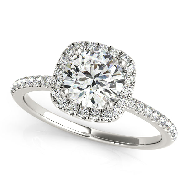 Halo engagement ring featuring a 1CT Round Lab Diamond (VS1/F Color) with 40 pavé side diamonds and slender cathedral band in 14K White Gold