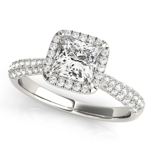 Cushion-cut engagement ring with 1CT Cushion Cut Lab Diamond and triple pavé rows, tapered cathedral band in 14K White Gold