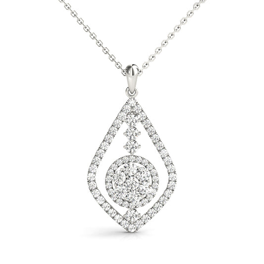 0.60CT lab diamond teardrop pendant in white gold with halo and round cluster center
