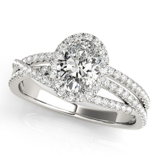 Oval engagement ring with 1CT Oval Lab Diamond, diamond halo and intertwined split-shank crafted in 14K White Gold (VS1/F Color)