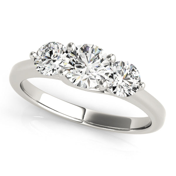 Three-stone engagement ring with 1CT Round Lab Diamond, polished 14K White Gold band crafted for timeless elegance