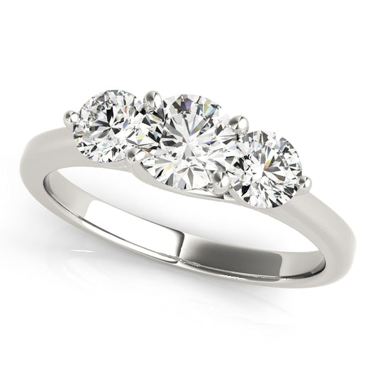 Three-stone engagement ring with 1CT Round Lab Diamond, polished 14K White Gold band crafted for timeless elegance