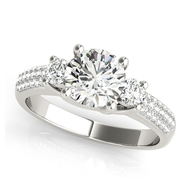 Three-stone engagement ring featuring 1CT Round Lab Diamond and 38 pavé diamonds crafted in 14K White Gold