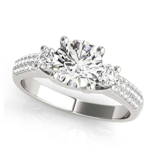 Three-stone engagement ring featuring 1CT Round Lab Diamond and 38 pavé diamonds crafted in 14K White Gold