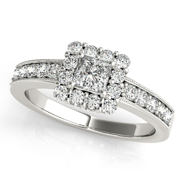 Princess-cut engagement ring with 1CT Princess Cut Lab Diamond, halo, channel-set band crafted in elegant 14K White Gold
