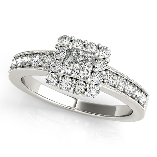 Princess-cut engagement ring with 1CT Princess Cut Lab Diamond, halo, channel-set band crafted in elegant 14K White Gold