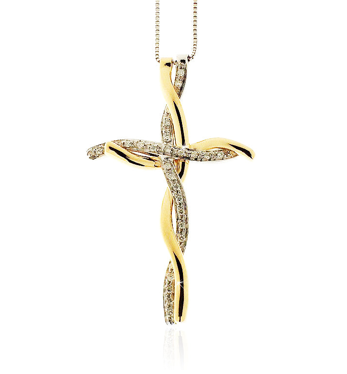 Two tone 18K gold twisted cross pendant with SI1 diamonds in a double cross design, featuring white and yellow gold, suspended from a 16-inch chain