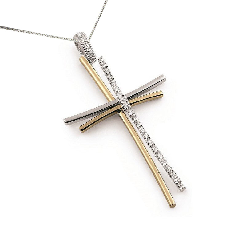 Two tone gold diamond cross necklace with natural round diamonds, curved double bar design, 18K yellow and white gold, Encore DT exclusive