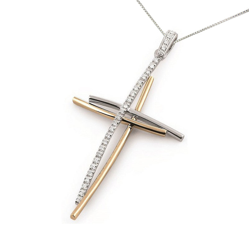 Two tone gold diamond cross pendant with curved double cross shape, natural round diamonds, white and yellow gold, Encore DT exclusive