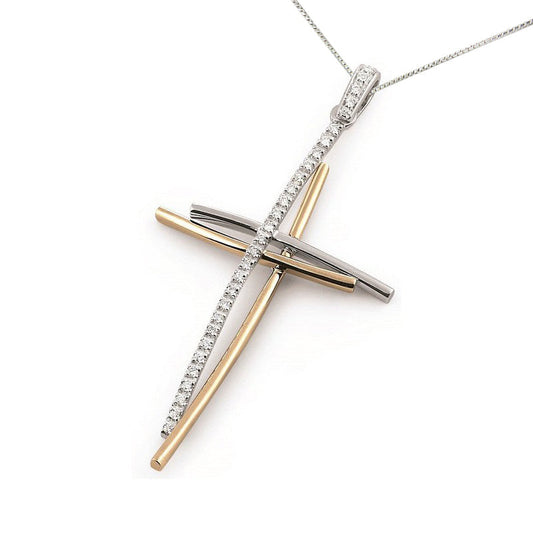 Two tone gold diamond cross pendant with curved double cross shape, natural round diamonds, white and yellow gold, Encore DT exclusive