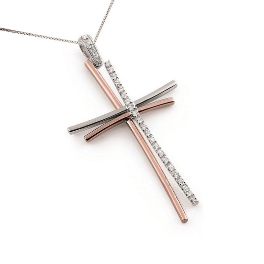 Two tone white and rose gold diamond cross pendant in 18K with curved double bar split design, Encore DT exclusive