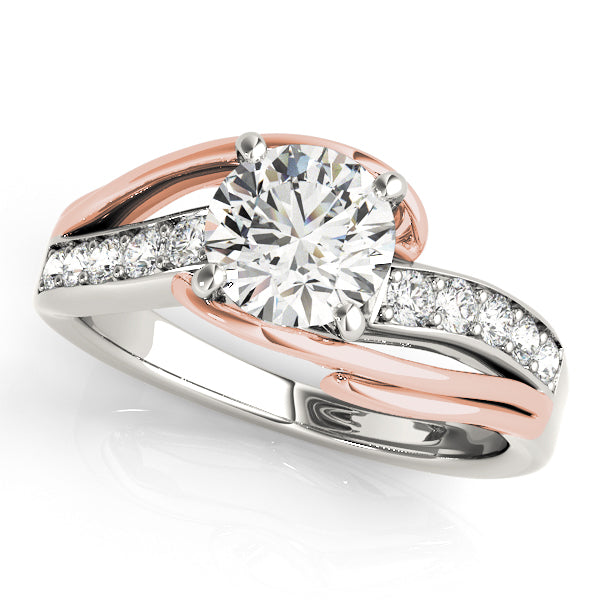 Two-tone halo engagement ring with 1CT Round Lab Diamond, 10 side diamonds, split-shank band crafted in 14K White and Rose Gold