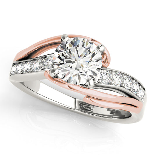 Two-tone halo engagement ring with 1CT Round Lab Diamond, 10 side diamonds, split-shank band crafted in 14K White and Rose Gold