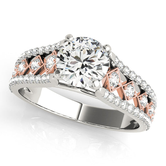 Two-tone engagement ring with 1CT Round Lab Diamond, 58 pavé side diamonds, lattice design in 14K White and Rose Gold