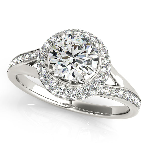 Double halo engagement ring with 1CT Round Lab Diamond, asymmetrical split-shank band in 14K White Gold