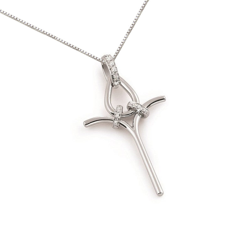18K white gold unique cross necklace with pavé-set diamonds, featuring a sculptural open design with three diamond-studded rings