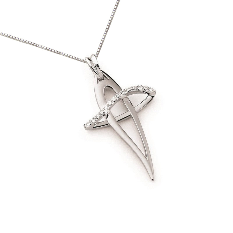 Unique cross necklace in 18K white gold with natural round diamonds, curved abstract shape, split bands, Encore DT Italian design