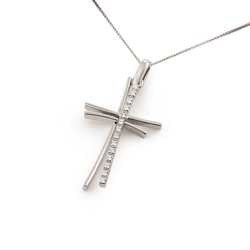 White gold diamond double cross pendant necklace with four intersecting bars and a vertical diamond-accented bar