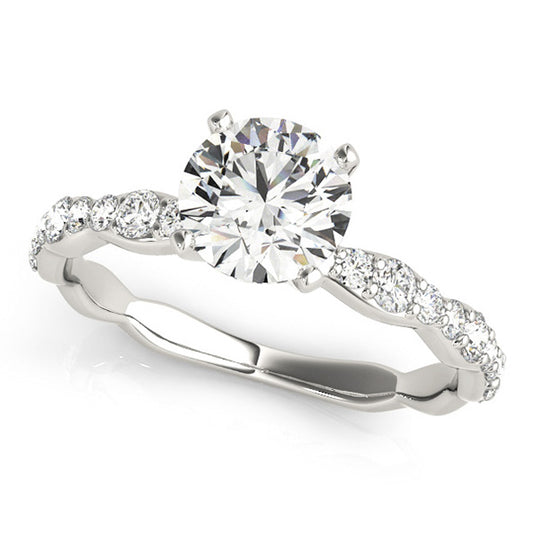 Sculpted halo engagement ring featuring 1CT Round Lab Diamond (VS1/F Color), 18 pavé diamonds, and organic curves in 14K White Gold