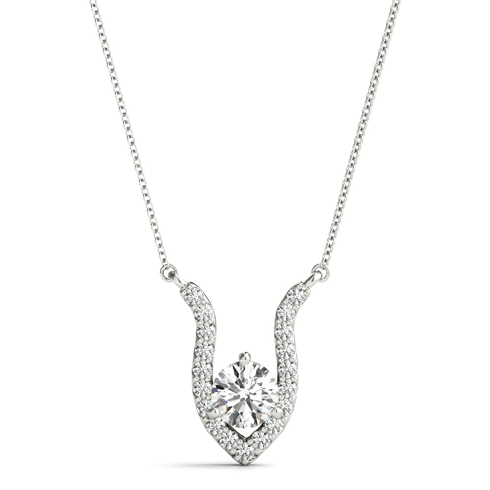 V-shaped lab diamond pendant necklace with 1/2 CT center stone in white gold, featuring a curved pave setting and modern elegance.