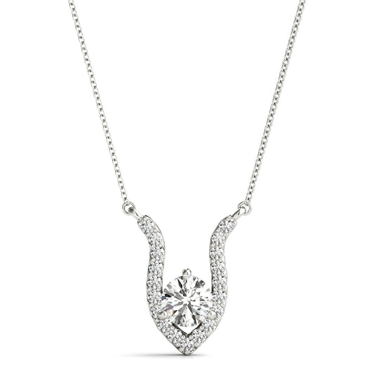 V-shaped lab diamond pendant necklace with 1/2 CT center stone in white gold, featuring a curved pave setting and modern elegance.