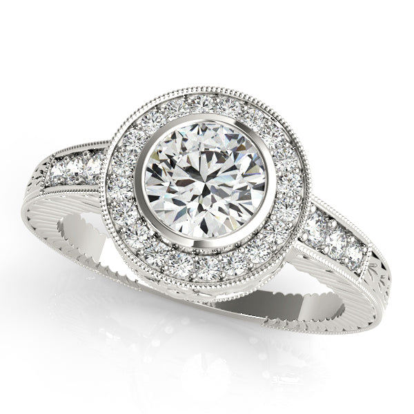 Round-cut engagement ring with 1CT Round Lab Diamond, bezel halo, engraved channel band crafted in 14K White Gold