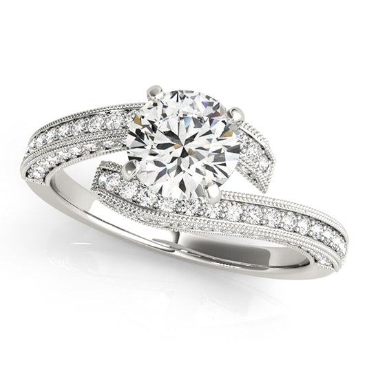 Halo engagement ring featuring 1CT Round Lab Diamond with 94 side diamonds, split-shank pavé band crafted in 14K White Gold (VS1/F Color)