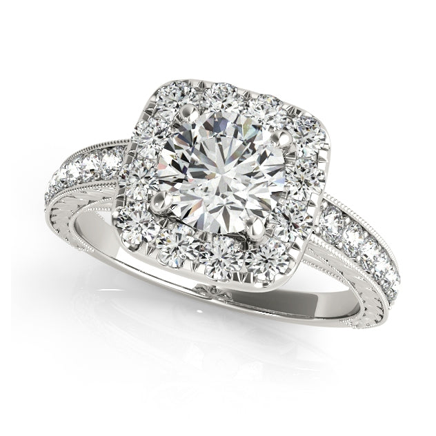Square halo engagement ring featuring 1CT Round Lab Diamond, 24 side diamonds, leaf-patterned band crafted in 14K White Gold