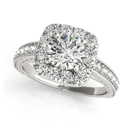 Square halo engagement ring featuring 1CT Round Lab Diamond, 24 side diamonds, leaf-patterned band crafted in 14K White Gold
