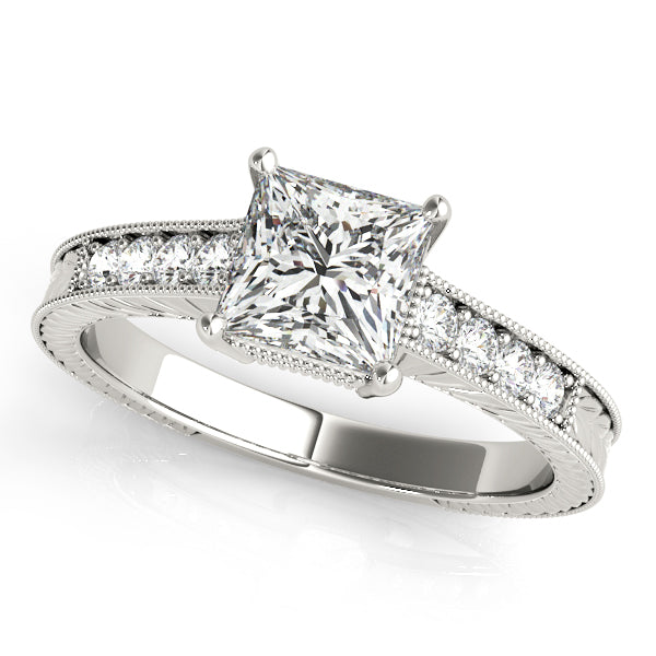 Princess-cut engagement ring with 1CT Princess Cut Lab Diamond, channel-set side diamonds, vintage halo crafted in 14K White Gold