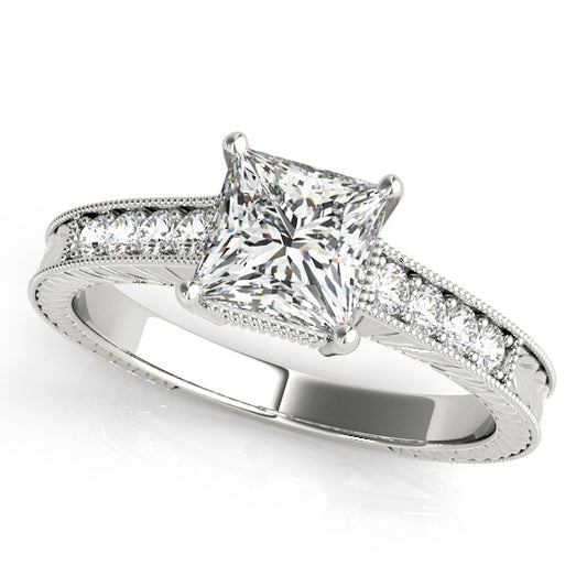 Princess-cut engagement ring with 1CT Princess Cut Lab Diamond, channel-set side diamonds, vintage halo crafted in 14K White Gold