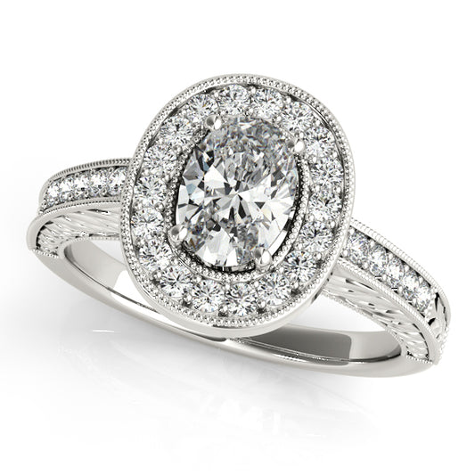 Vintage halo oval-cut engagement ring with 1CT Oval Cut Lab Diamond, milgrain accents crafted in 14K White Gold