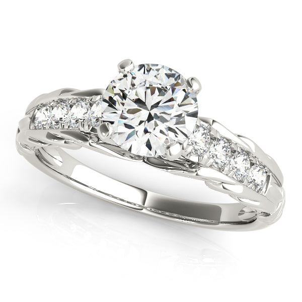 White gold swirl engagement ring with 1CT Round Lab Diamond and 8 pavé side stones crafted in 14K White Gold (VS1/F Color)
