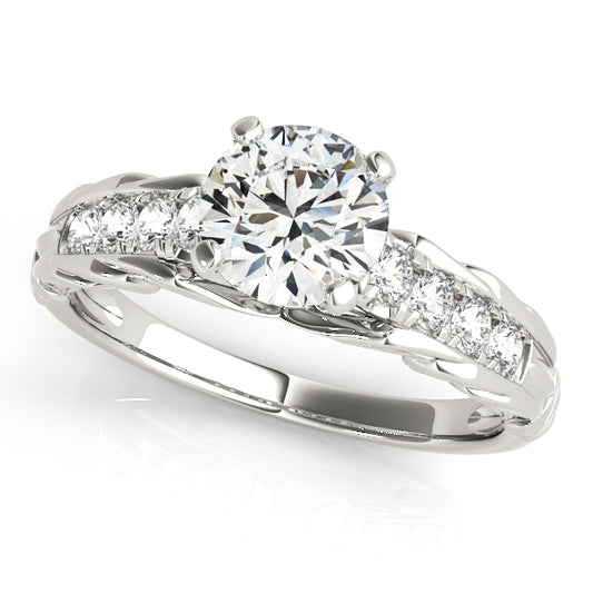 White gold swirl engagement ring with 1CT Round Lab Diamond and 8 pavé side stones crafted in 14K White Gold (VS1/F Color)
