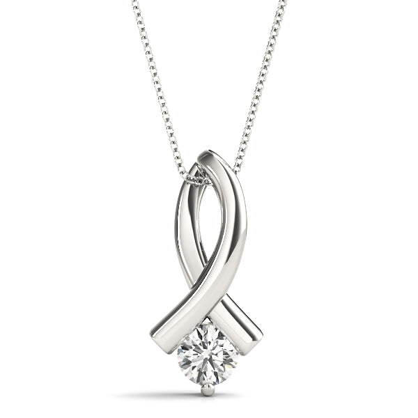 White gold crossover ribbon solitaire pendant with round-cut lab diamond, set in a modern floating design with a polished finish